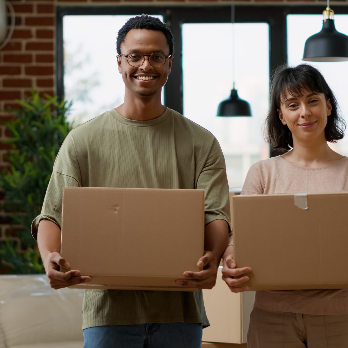 Portrait of married people moving in rented apartment flat, starting new beginnings for future. Feeling positive about relocation in household, carrying carton containers packages.
